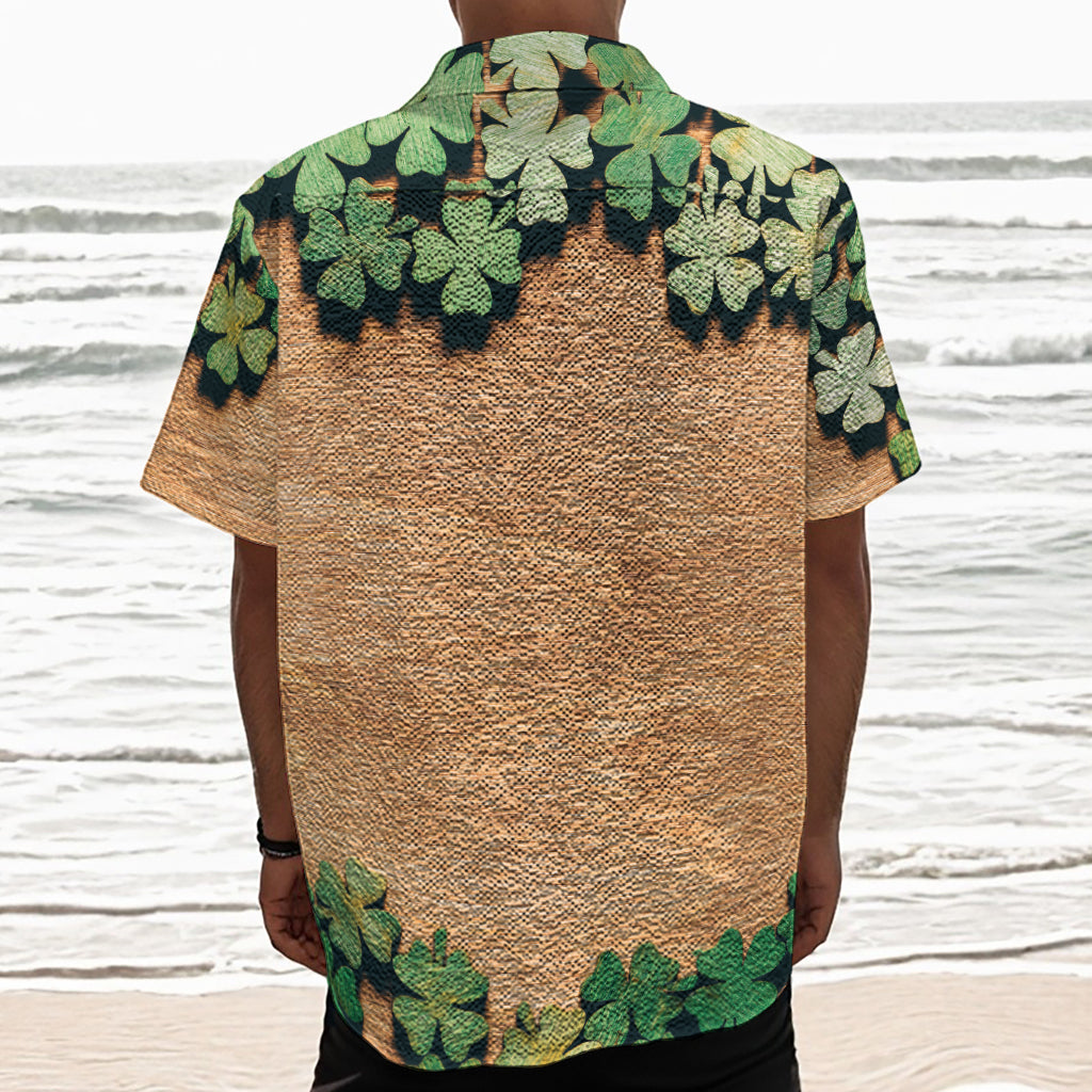 Irish Four Leaf Clovers Wood Print Textured Short Sleeve Shirt