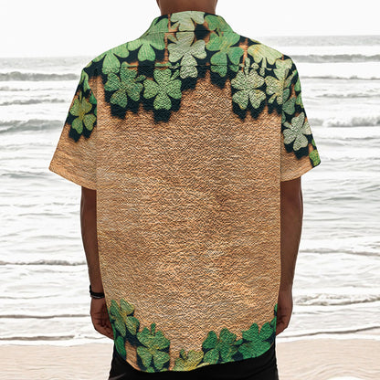 Irish Four Leaf Clovers Wood Print Textured Short Sleeve Shirt