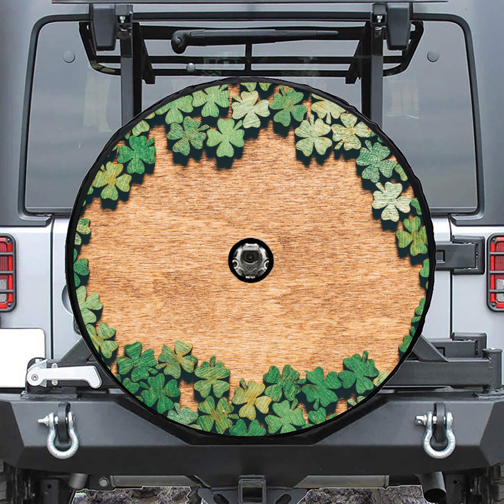 Irish Four Leaf Clovers Wood Print Tire Cover With Camera Hole