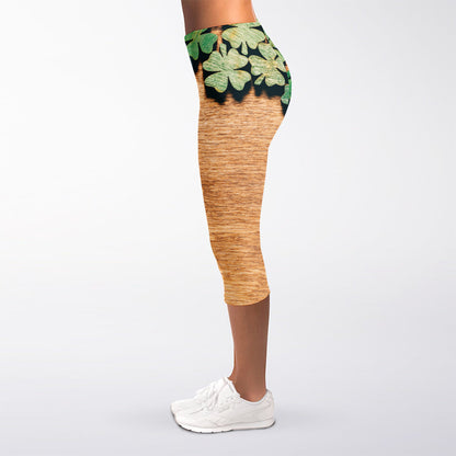 Irish Four Leaf Clovers Wood Print Women's Capri Leggings
