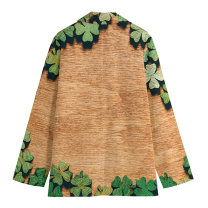 Irish Four Leaf Clovers Wood Print Women's Cotton Blazer