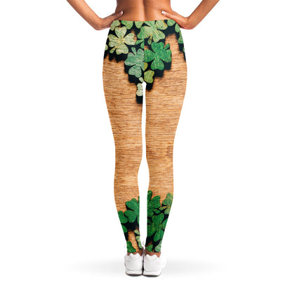 Irish Four Leaf Clovers Wood Print Women's Leggings