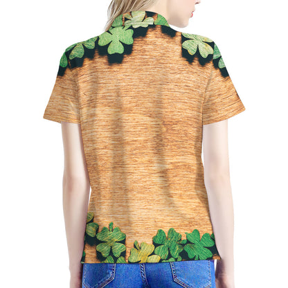 Irish Four Leaf Clovers Wood Print Women's Polo Shirt
