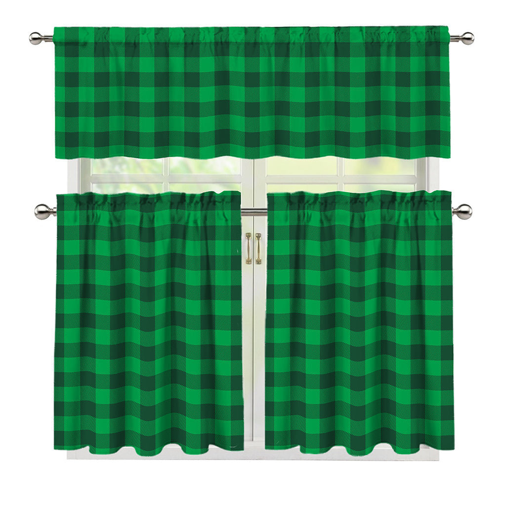 Irish Green Buffalo Check Pattern Print 3 Piece Kitchen Curtains