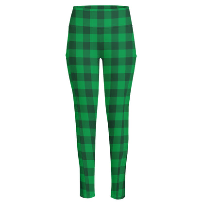 Irish Green Buffalo Check Pattern Print High-Waisted Pocket Leggings