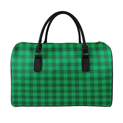 Irish Green Buffalo Check Pattern Print Leather Duffle Bag