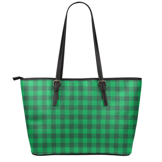 Irish Green Buffalo Check Pattern Print Leather Tote Bag