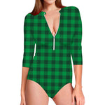 Irish Green Buffalo Check Pattern Print Long Sleeve Swimsuit