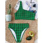 Irish Green Buffalo Check Pattern Print One Shoulder Bikini Top