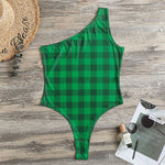 Irish Green Buffalo Check Pattern Print One Shoulder Bodysuit