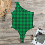 Irish Green Buffalo Check Pattern Print One Shoulder Bodysuit