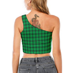 Irish Green Buffalo Check Pattern Print One Shoulder Crop Top