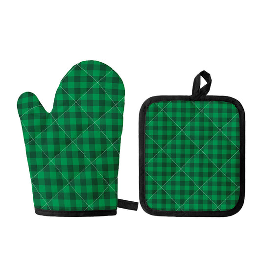 Irish Green Buffalo Check Pattern Print Oven Mitt And Pot Holder Set
