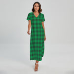 Irish Green Buffalo Check Pattern Print Short Sleeve Maxi Dress