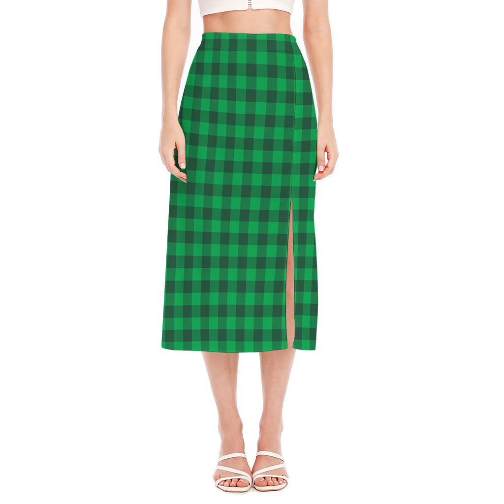 Irish Green Buffalo Check Pattern Print Side Slit Midi Skirt
