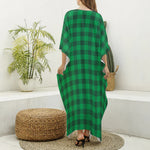 Irish Green Buffalo Check Pattern Print Silk V-Neck Kaftan Dress