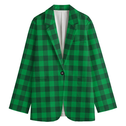 Irish Green Buffalo Check Pattern Print Women's Cotton Blazer