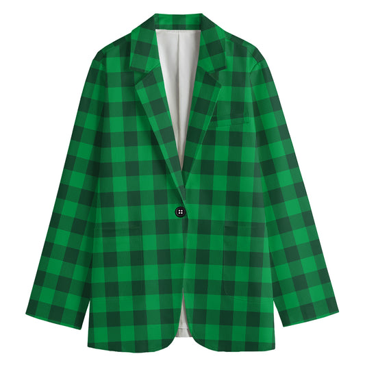 Irish Green Buffalo Check Pattern Print Women's Cotton Blazer