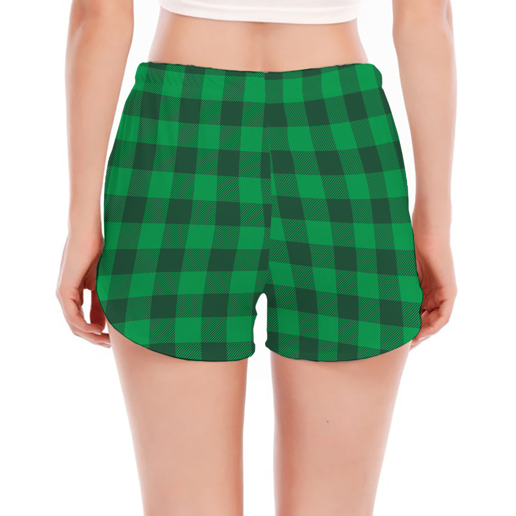 Irish Green Buffalo Check Pattern Print Women's Split Running Shorts