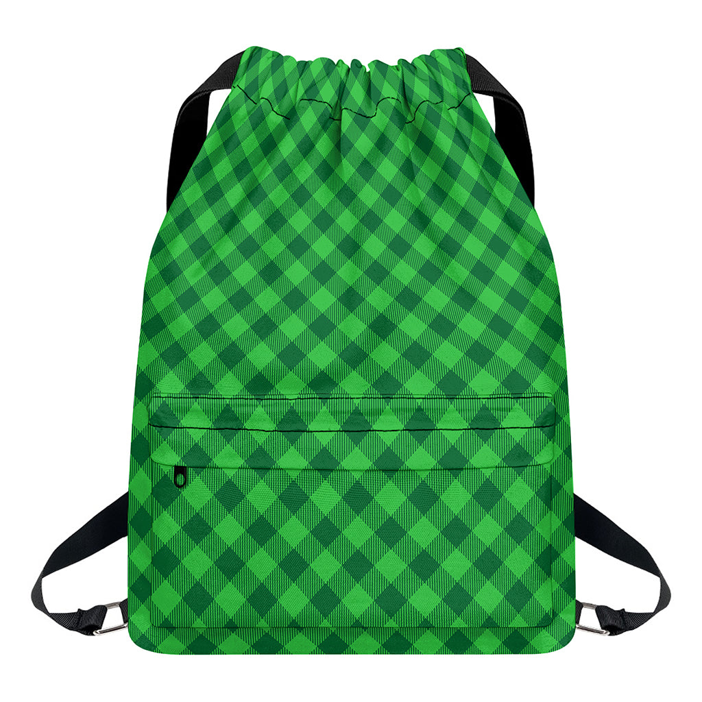 Irish Green Buffalo Plaid Print Drawstring Backpack