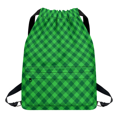Irish Green Buffalo Plaid Print Drawstring Backpack
