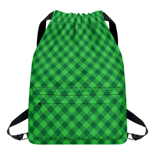 Irish Green Buffalo Plaid Print Drawstring Backpack