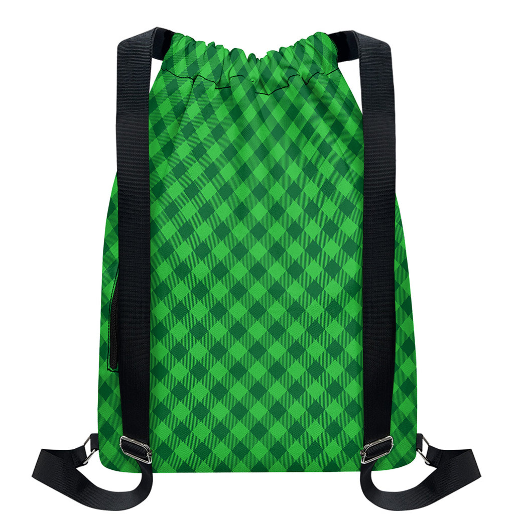 Irish Green Buffalo Plaid Print Drawstring Backpack