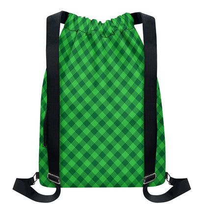 Irish Green Buffalo Plaid Print Drawstring Backpack