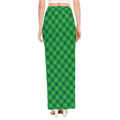 Irish Green Buffalo Plaid Print High Slit Maxi Skirt