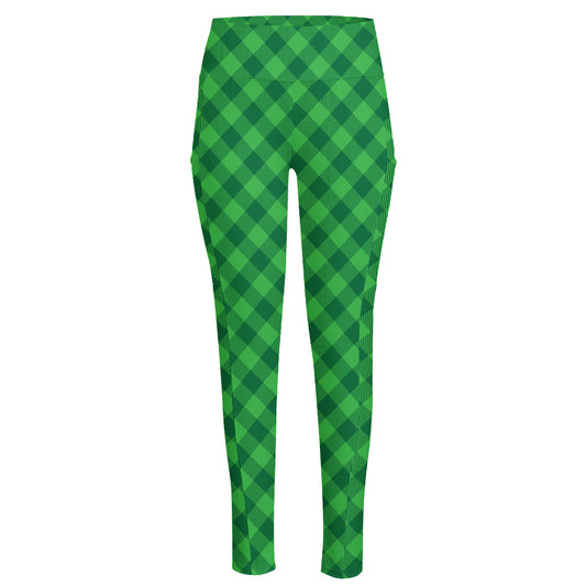 Irish Green Buffalo Plaid Print High-Waisted Pocket Leggings