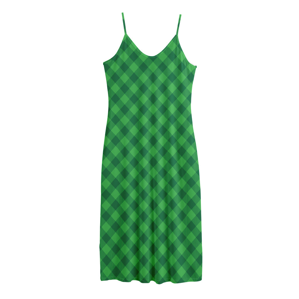 Irish Green Buffalo Plaid Print Jersey Midi Cami Dress