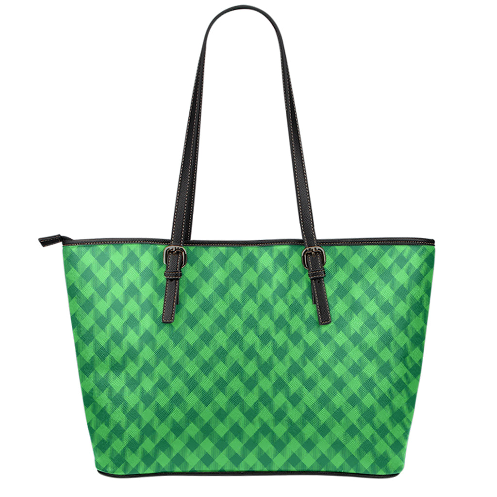 Irish Green Buffalo Plaid Print Leather Tote Bag