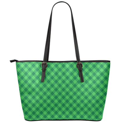 Irish Green Buffalo Plaid Print Leather Tote Bag
