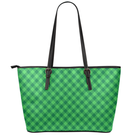 Irish Green Buffalo Plaid Print Leather Tote Bag