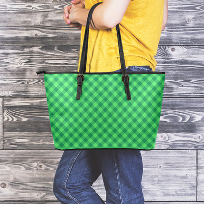 Irish Green Buffalo Plaid Print Leather Tote Bag