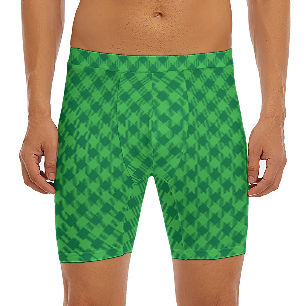 Irish Green Buffalo Plaid Print Men's Long Boxer Briefs