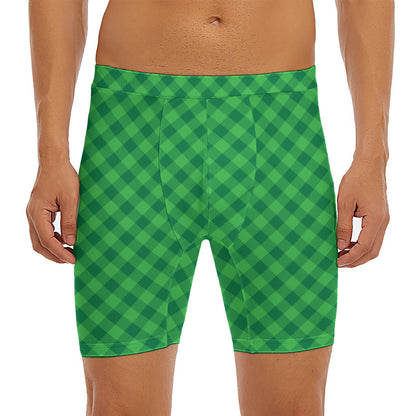 Irish Green Buffalo Plaid Print Men's Long Boxer Briefs