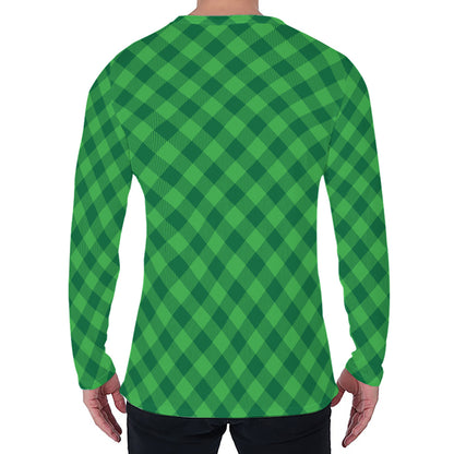 Irish Green Buffalo Plaid Print Men's Long Sleeve T-Shirt