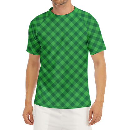 Irish Green Buffalo Plaid Print Men's Short Sleeve Rash Guard