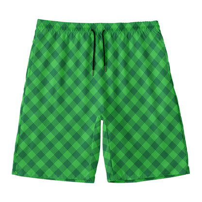 Irish Green Buffalo Plaid Print Men's Swim Trunks