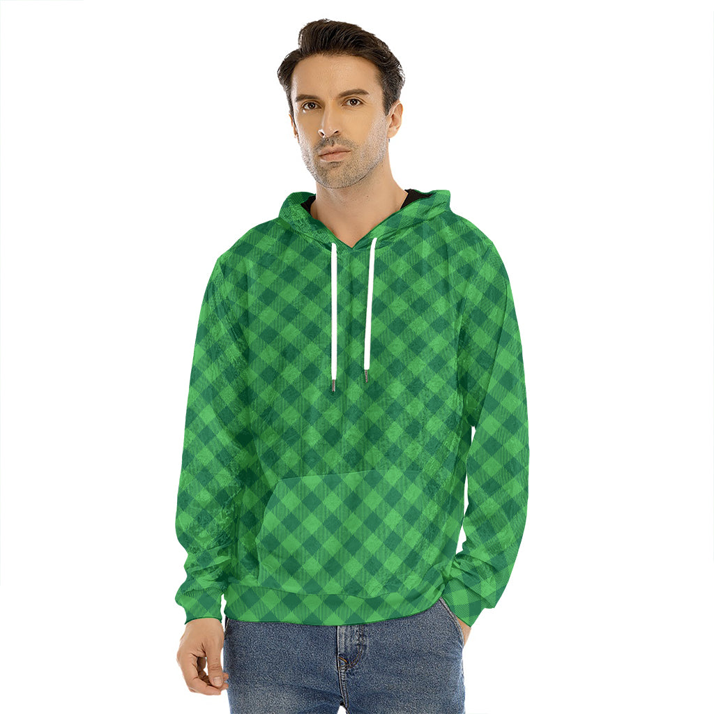 Irish Green Buffalo Plaid Print Men's Velvet Pullover Hoodie