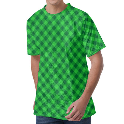 Irish Green Buffalo Plaid Print Men's Velvet T-Shirt