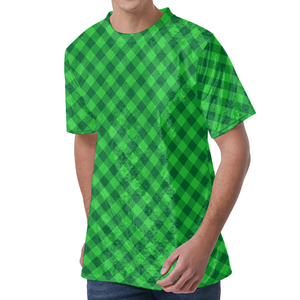 Irish Green Buffalo Plaid Print Men's Velvet T-Shirt