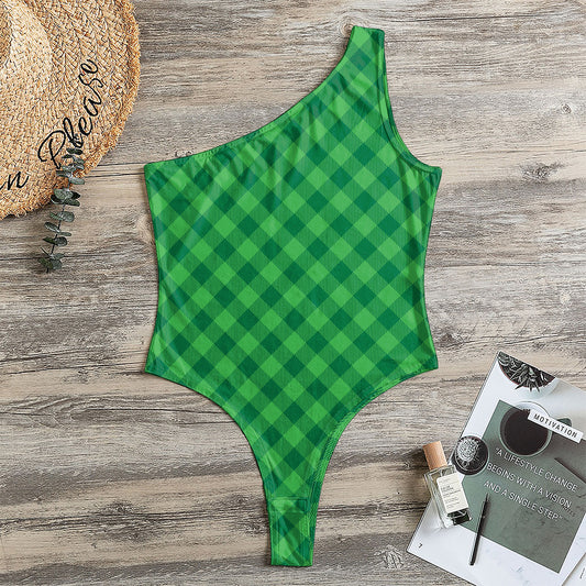 Irish Green Buffalo Plaid Print One Shoulder Bodysuit