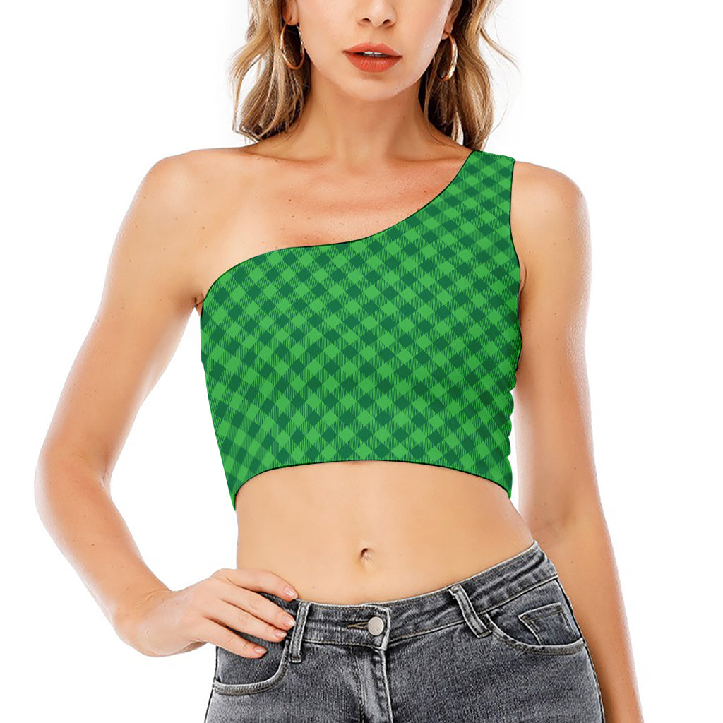 Irish Green Buffalo Plaid Print One Shoulder Crop Top