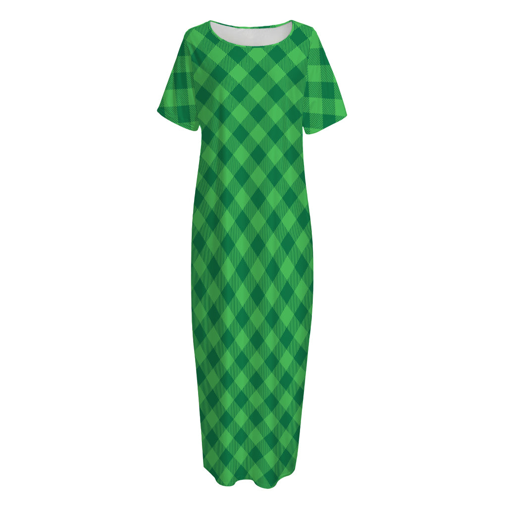 Irish Green Buffalo Plaid Print Short Sleeve Long Nightdress