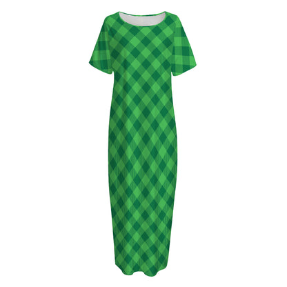 Irish Green Buffalo Plaid Print Short Sleeve Long Nightdress