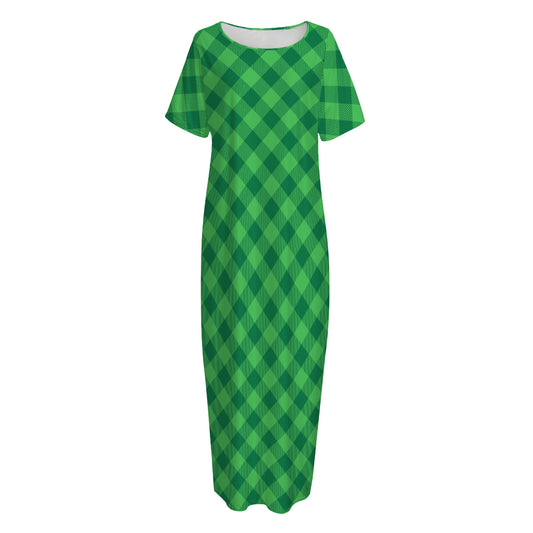 Irish Green Buffalo Plaid Print Short Sleeve Long Nightdress