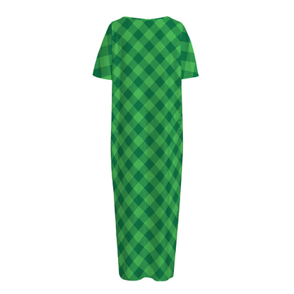 Irish Green Buffalo Plaid Print Short Sleeve Long Nightdress