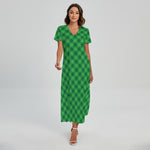 Irish Green Buffalo Plaid Print Short Sleeve Maxi Dress